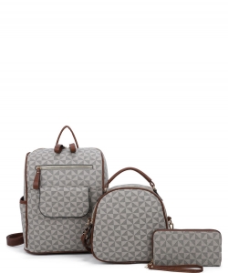 3 In1 Triangle Monogram Multi Design Backpack with Matching Bag and Wallet Set SJ21361 COFFEE